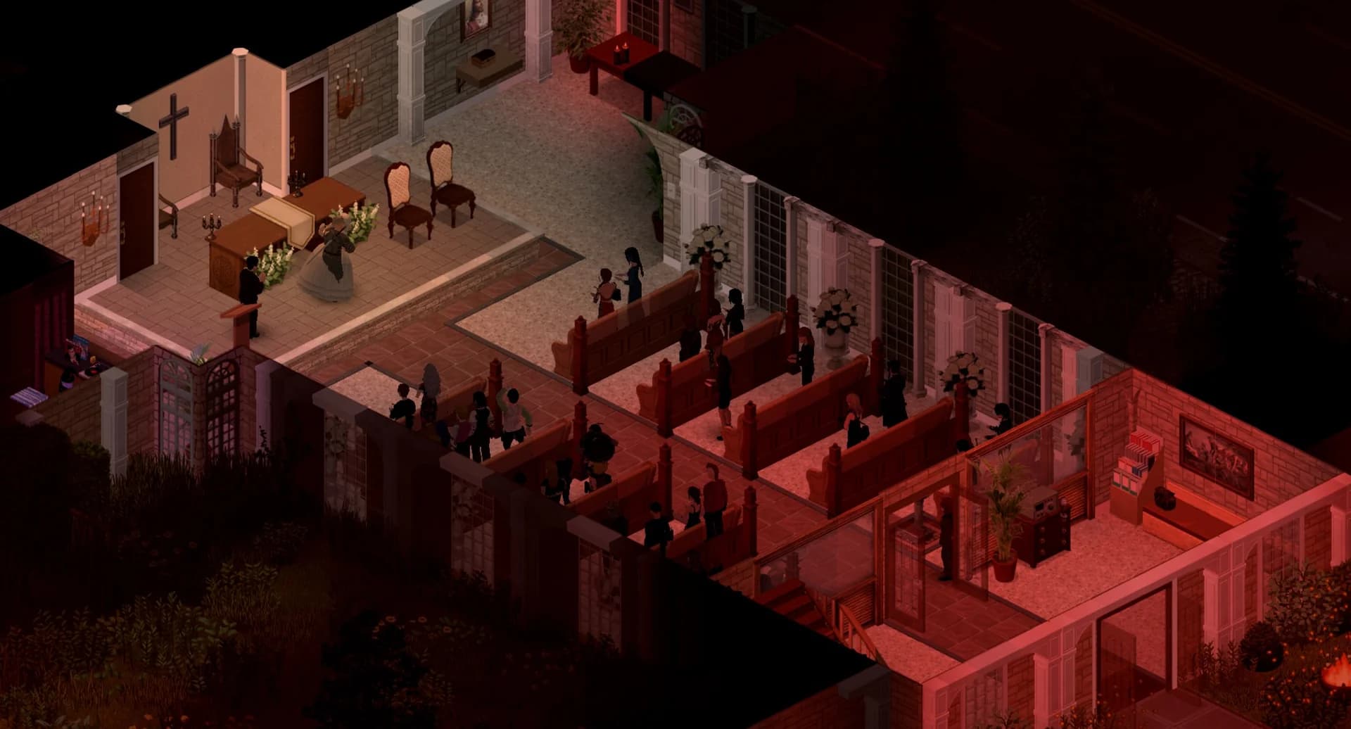Survivors meeting inside a candlelit Wasteland chapel
