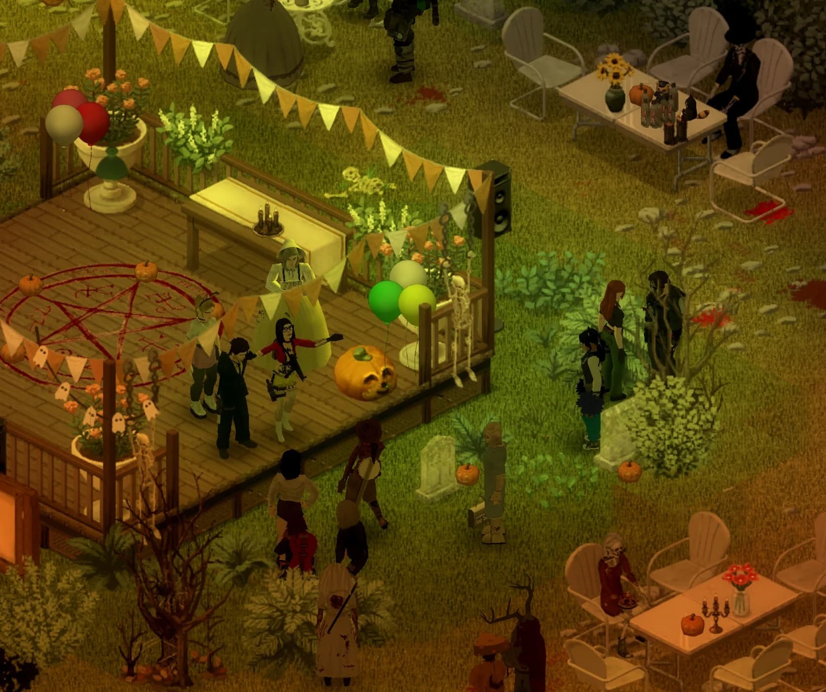 Wasteland characters gathering beneath lanterns at a community festival