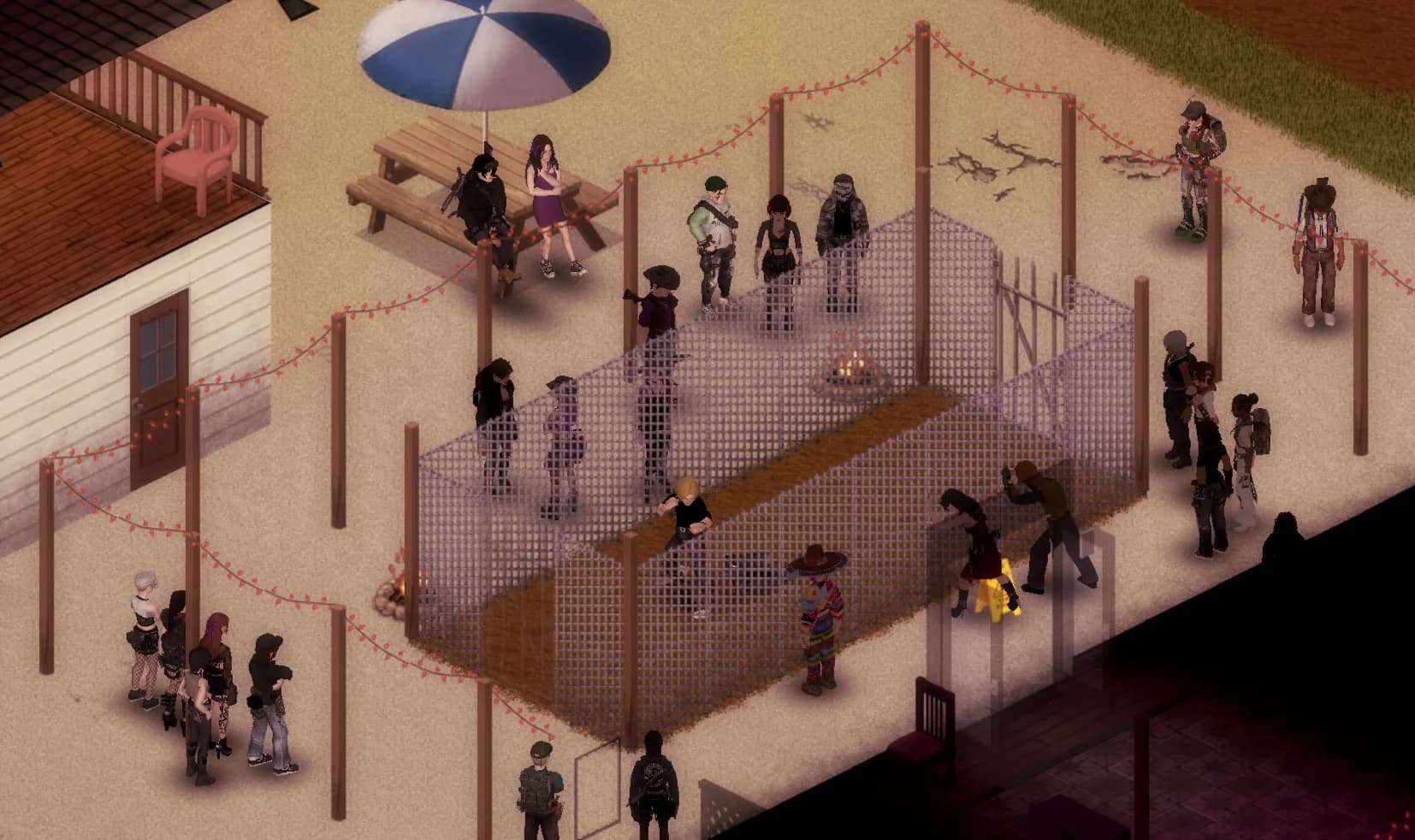 Wasteland characters meeting at an outdoor gathering