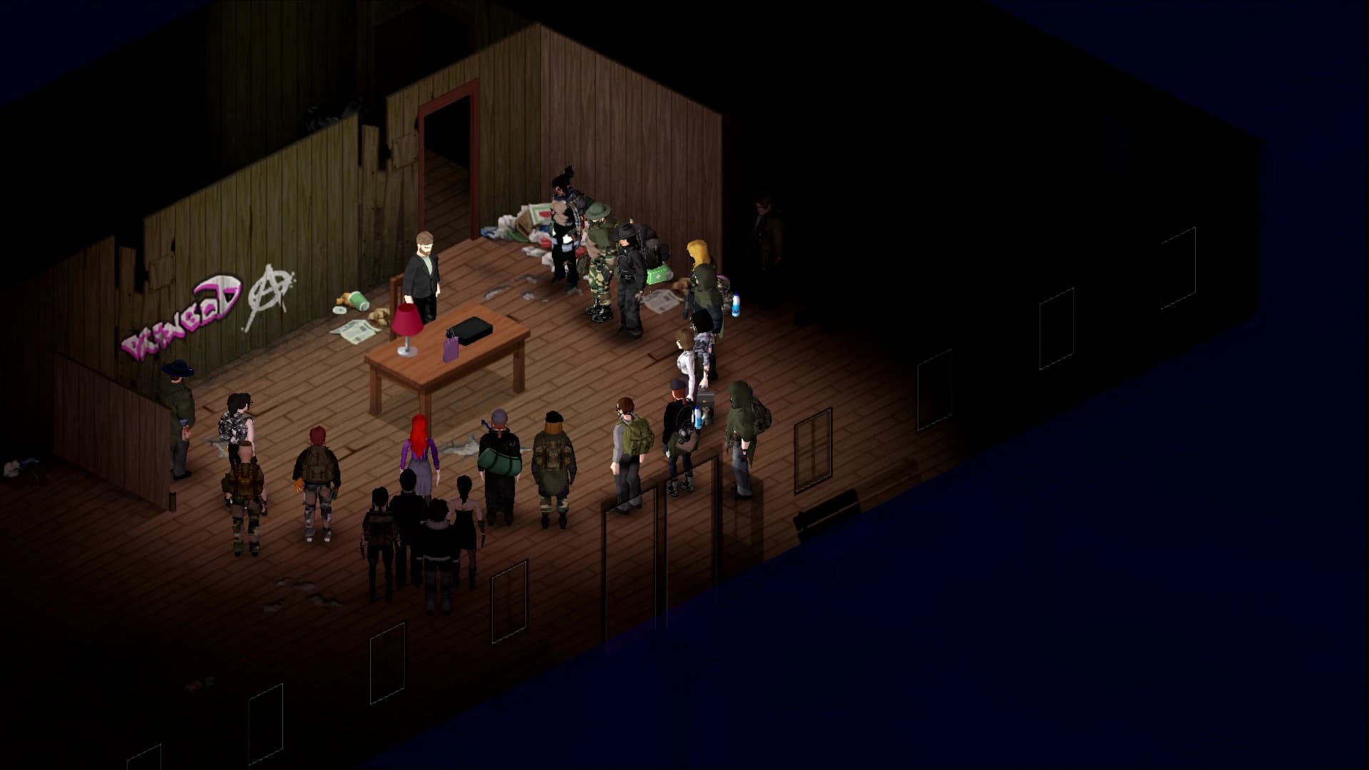 Wasteland survivors gathered in a wooden meeting hall